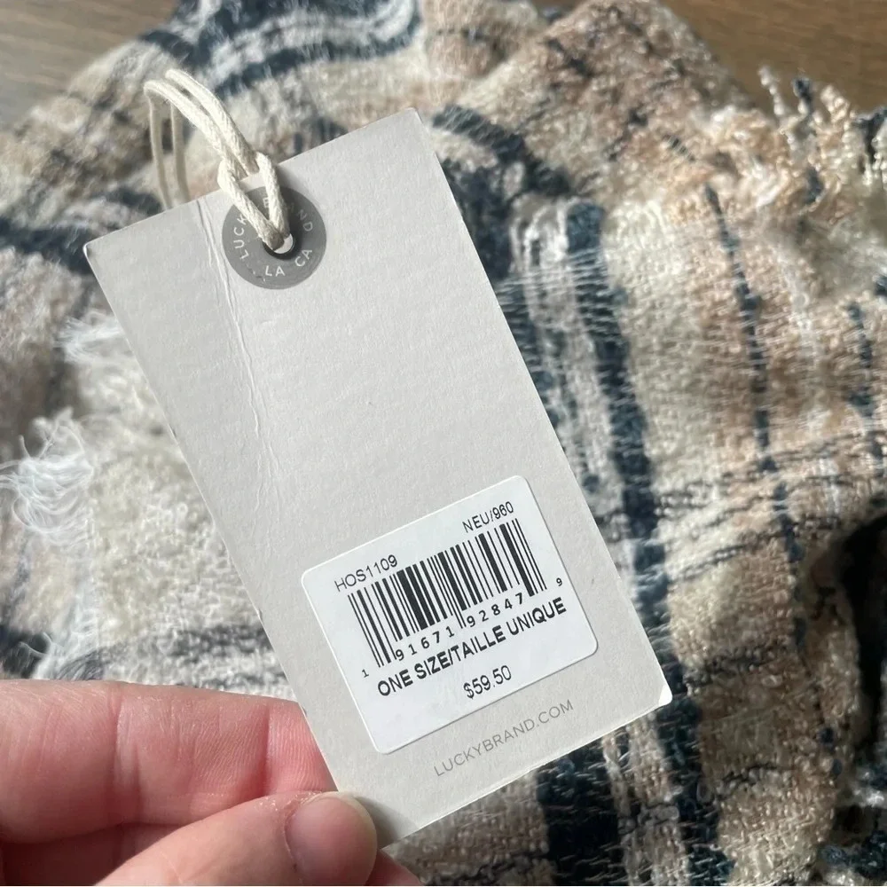 NWT Lucky Brand Textured Plaid Scarf Neutral Wool Blend